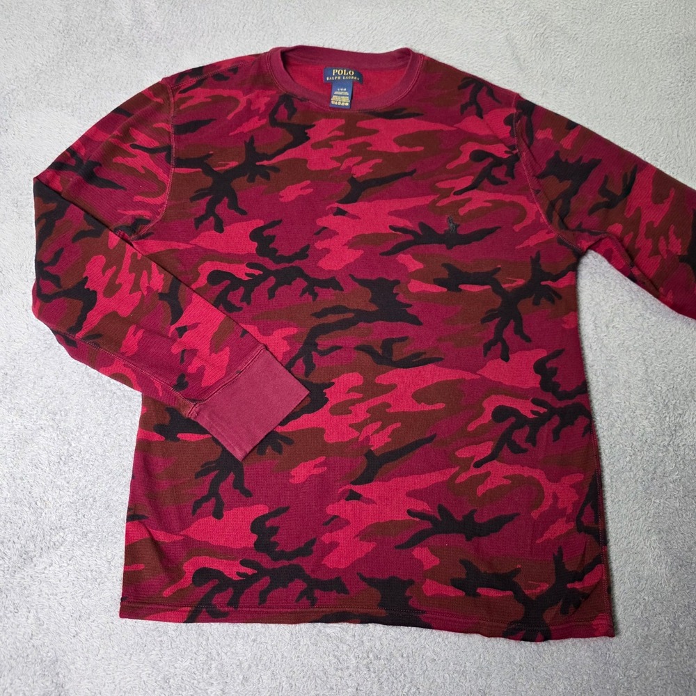 Polo Ralph Lauren Mens Large Thermal Shirt Red Camo Waffle Knit Long Sleeve
